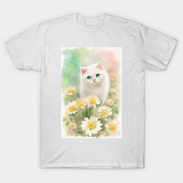 Happy White Cat in the Flower Garden Soft Pastel Colors T-Shirt by Stades